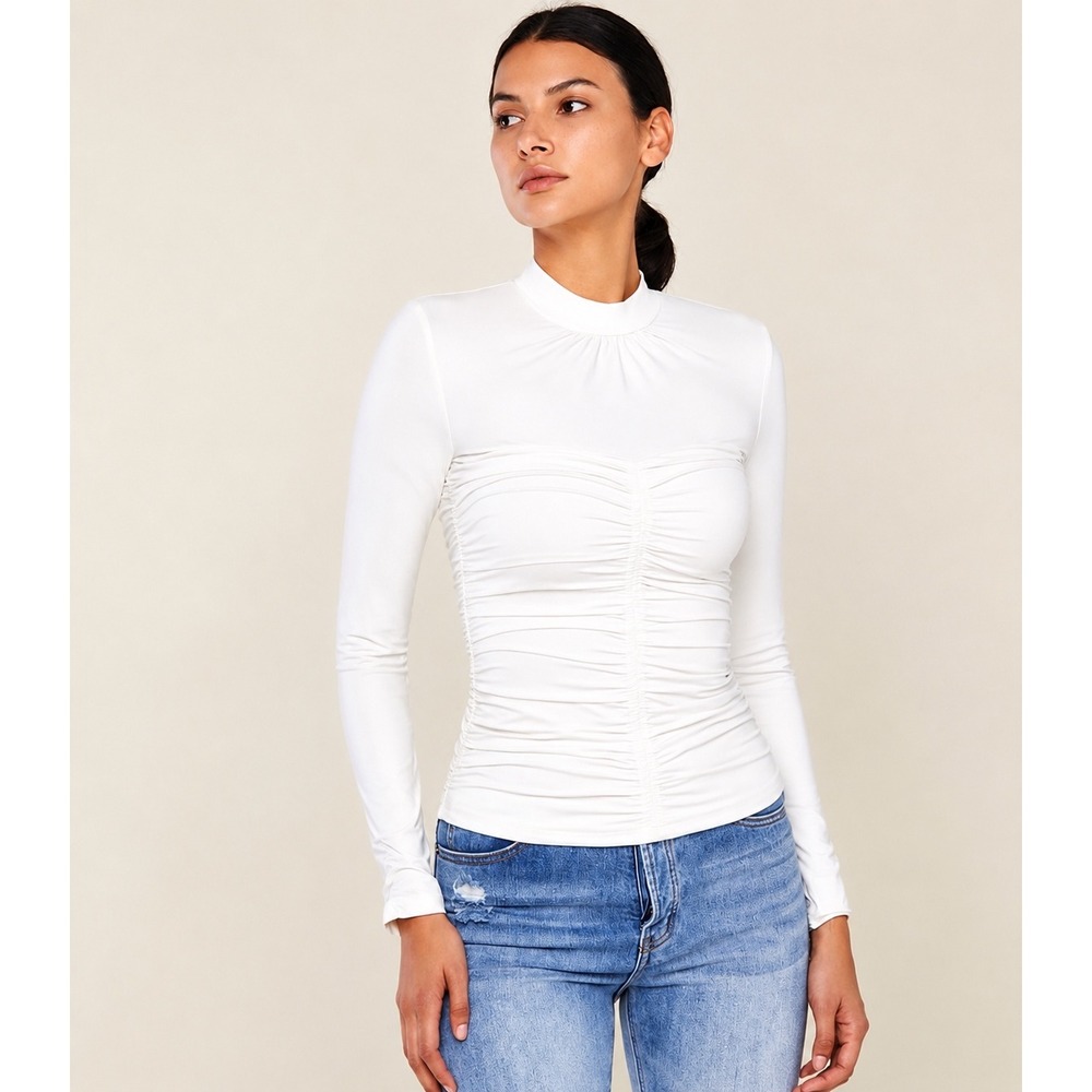 Rachel Parcell Ruched Top Womens Small Ivpry Mock Neck Long Sleeve Stretchy Knit